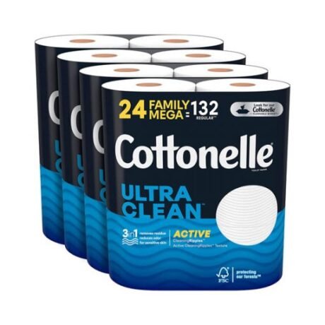 【2024 Flash Sale + Free Shipping】Cottonelle 24 Family Mega Rolls Ultra Clean Toilet Paper with Active CleaningRipples Texture (24 Family Mega Rolls = 132 Regular Rolls.388 Sheets per Roll)-toilet paper